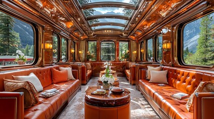 Fototapeta premium Luxurious train car interior with leather seating, scenic views, and natural light.