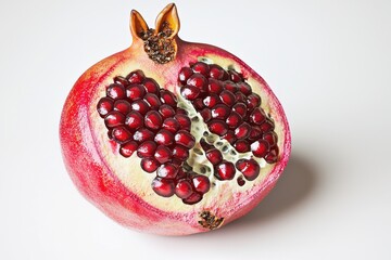 A meticulously halved pomegranate on a white background reveals its vibrant red seeds, emphasizing its natural texture and nutritional value, ideal for healthy eating promotions.
