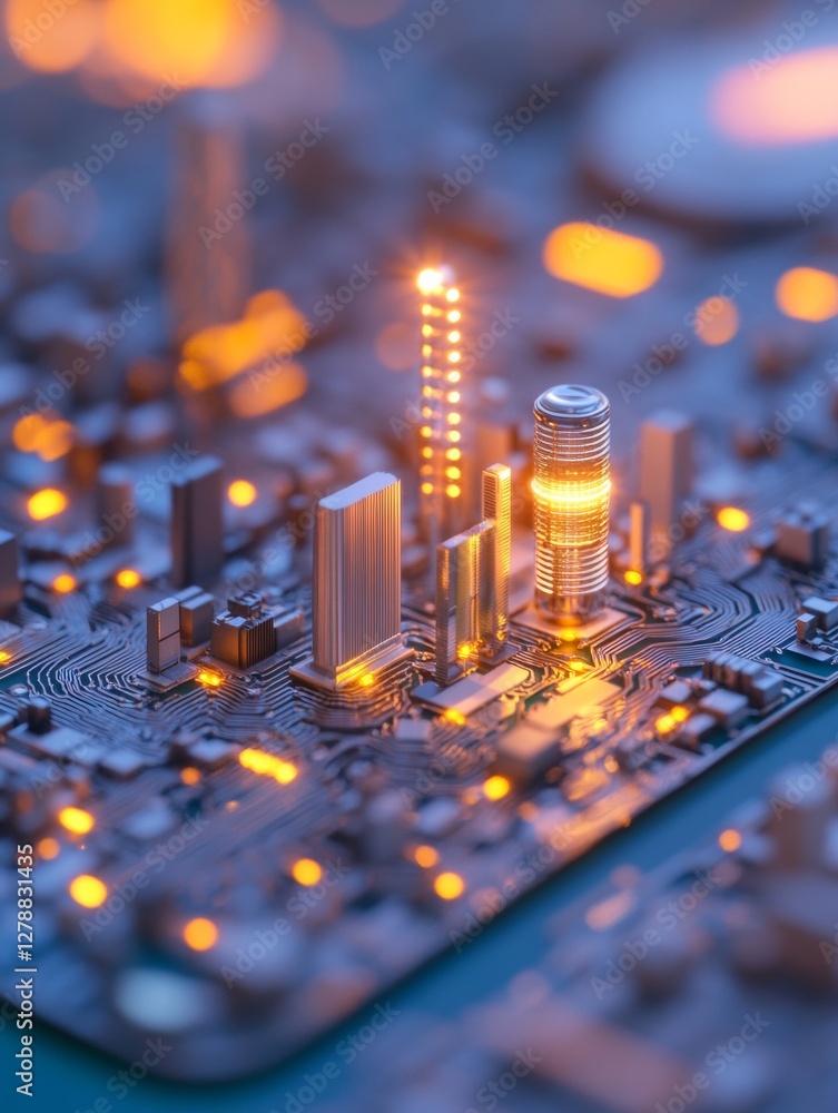 Poster Futuristic Smart City LED-Enhanced Circuitry Model Depicting Renewable Energy Integration and Grid Distribution for Urban Planning Solutions in Tech-Savvy Infrastructure