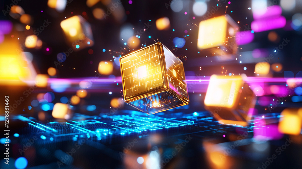 Poster abstract representation of glowing 3d cubes in vibrant colors against a dynamic digital background