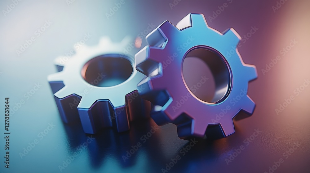Poster close-up of interlocking metallic gears reflecting colorful light on a smooth surface