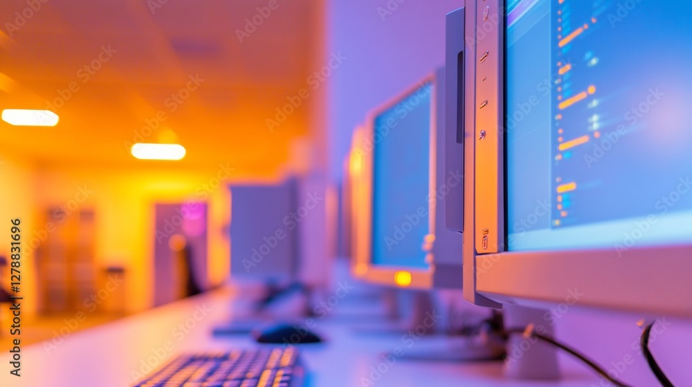 Poster Futuristic Network Operations Center Sleek Monitor Array in Glossy Minimalist Setup - Enhancing Business Efficiency and Real-Time Data Management in Tech Environments