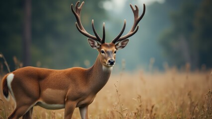 Majestic deer with large antlers standing in a field, perfect for a deer wallpaper.