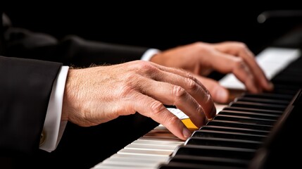 Fototapeta premium Elegant Hands Playing Piano Keys with Dramatic Lighting