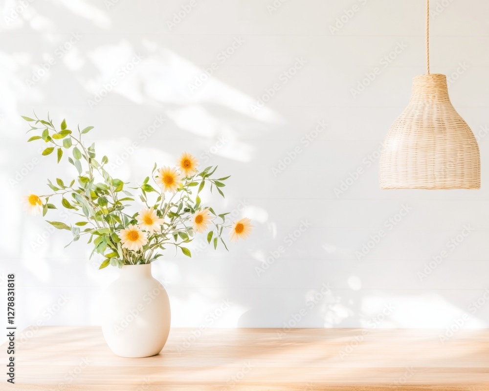 Canvas Prints Scandinavian Simplicity Rattan Pendant Light with Sunlit Floral Vase on Wooden Table - Minimalist Decor Content for Modern Home Styling and Nature-Inspired Interiors