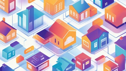Colorful abstract illustration of various houses in a vibrant urban layout with pathways