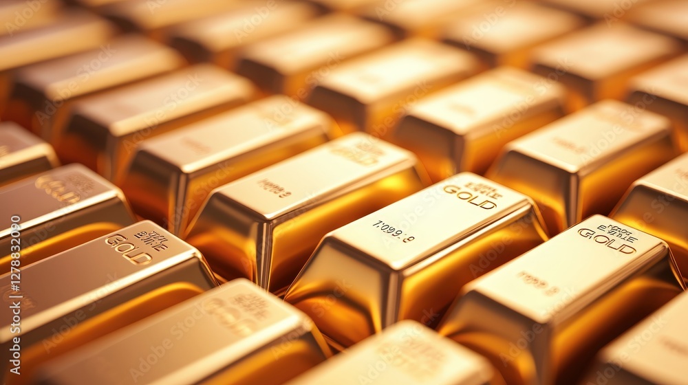 Poster a close-up view of gleaming gold bars arranged in neat rows, showcasing their luxurious appearance a