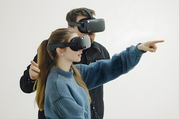 Model young man with beard in glasses of virtual reality. Augmented reality, future technology concept. VR. Neon light.Young and diverse group of friends using a vr headset.
