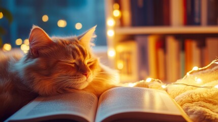 Cozy Winter Reading Nook Fairy-Lit Bookshelf and Plush Cat in Dimly Lit Living Room - Home Comfort Aesthetic for Relaxation and Mindfulness Marketing Campaigns