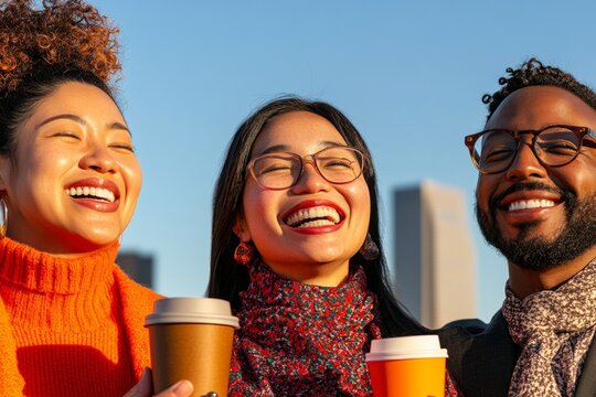 Urban Coffee Break Vibes Dynamic Multiethnic Professionals with To-Go Cups Amidst Cityscape Authentic Workplace Connection and Diverse Team Networking
