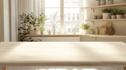 Fototapeta premium Light-colored wooden table with bright lighting and blurred restaurant background for product photography 