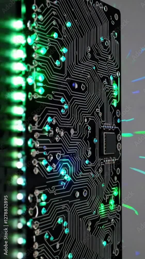 Poster rotating circuit board illuminated by vibrant green and blue leds in tech visualization