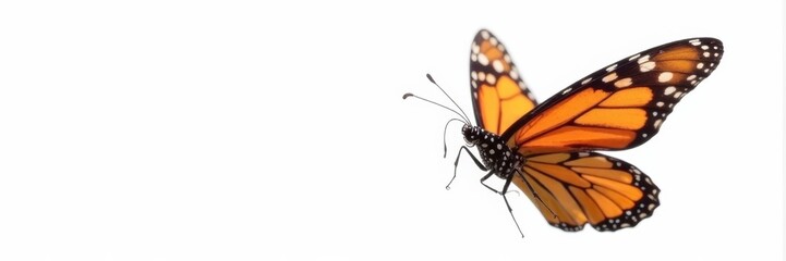 Colorful monarch butterfly in flight against white background, , flight