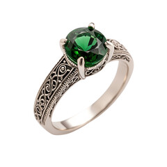 A beautifully crafted silver ring featuring an ornate design and a striking green gemstone at its center. isolated on white background.
