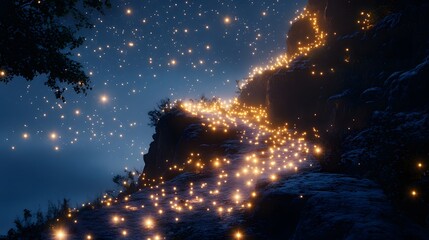 A path of shining stars winding along a high cliff