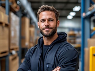 A man standing in a warehouse with his arms crossed