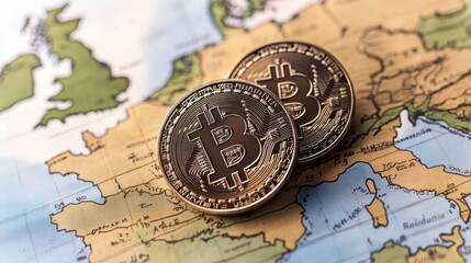 Two Bitcoin coins placed on a map of Europe, symbolizing the intersection of cryptocurrency and global finance.