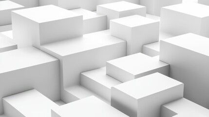 Abstract geometric blocks are arranged on a white background, rendered in three dimensions.
