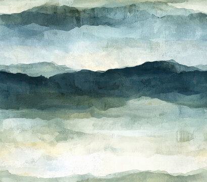 Layers of cool slate gray, pale olive green, and soft blue create serene landscape, Seamless Pattern Style.