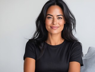 Fototapeta premium A woman sitting on a couch smiling at the camera