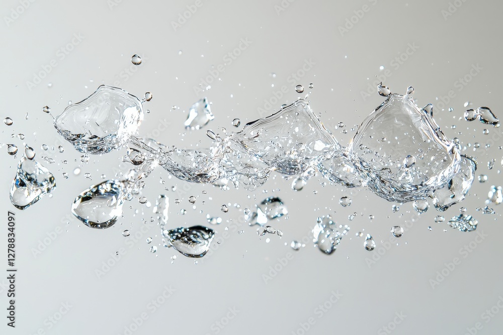 Poster an abstract water splash captured mid-air with scattered droplets, showcasing a dynamic pattern agai