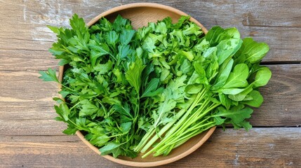 Fresh Green Herbs on Wooden Plate with Rustic Background