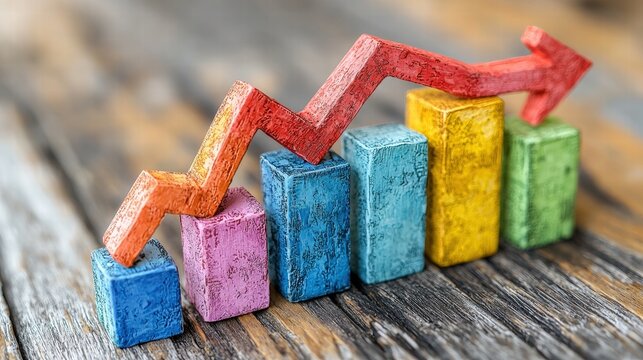 Colorful wooden block displaying a downward arrow signifying decrease or decline