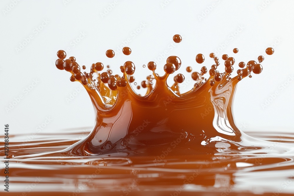 Poster a dynamic caramel splash frozen in time, creating a crown-like shape with droplets suspended, showca