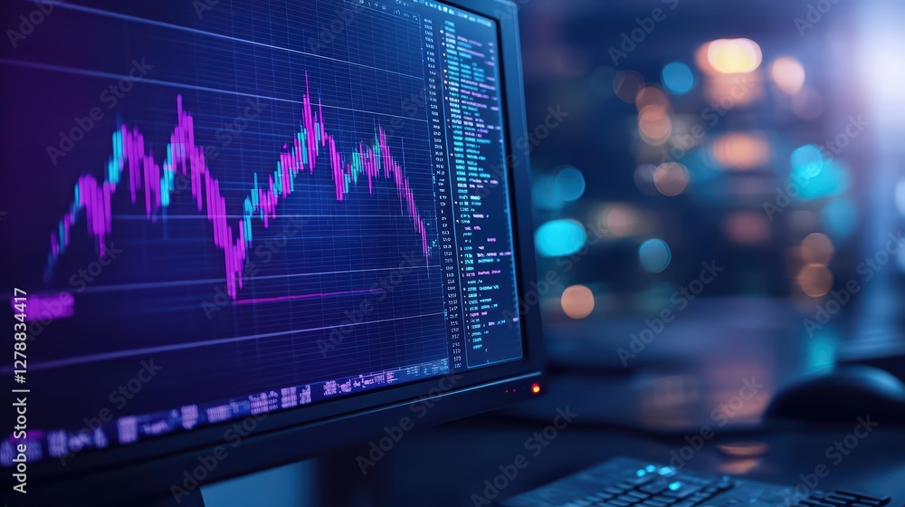 Poster modern computer screen displaying colorful financial data charts