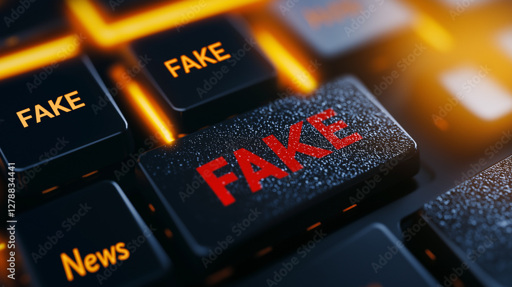 Poster close up of keyboard featuring word fake prominently displayed in red on one key, surrounded by othe