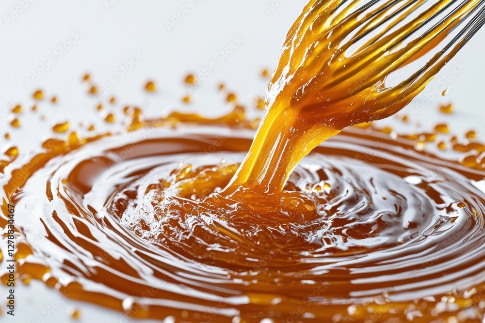 Poster a close-up shot of caramel sauce being poured with a whisk, creating swirling patterns and drips, sh