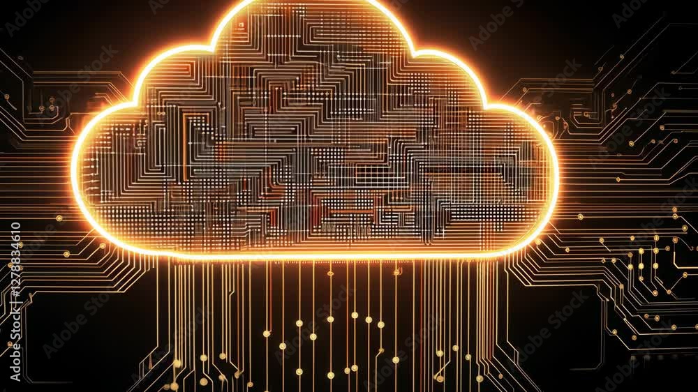 Poster visual representation of cloud computing technology with interconnected circuitry and data flow