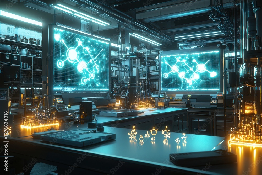 Poster futuristic science laboratory with advanced technology displaying molecular structures, showcasing r