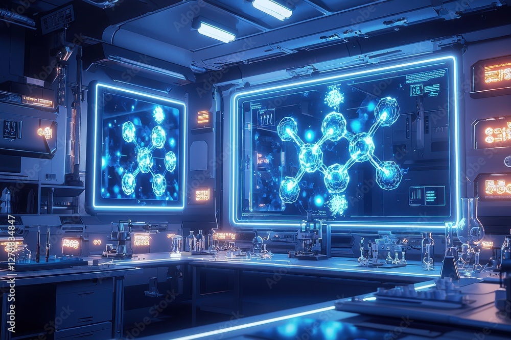 Aufkleber futuristic science laboratory interior illuminated with blue light and featuring advanced display sc