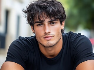 Fototapeta premium A young man in a black shirt is looking at the camera