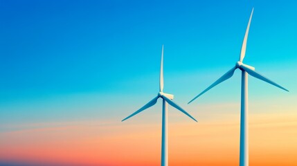 Two wind turbines silhouetted against a vibrant sunset sky, showcasing renewable energy innovation