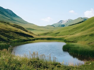 A peaceful valley in which a small sparkling lake