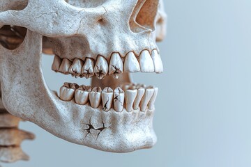 Naklejka premium Close-up of human skull with visible teeth, emphasizing mortality, anatomy, and skeletal structure for educational and artistic purposes with a neutral backdrop.