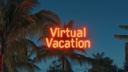 Neon Holographic Escapes Virtual Vacation in Dreamy Tropical Backdrop - Celebrate National Virtual Vacation Day and Spring Break for Dynamic Digital Tourism Experiences