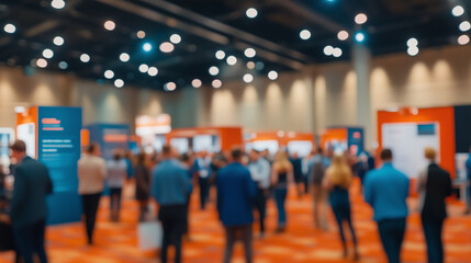 Blurred background of a bustling business fair or conference with professionals walking around and engaging in meetings at exhibition tables. The dynamic atmosphere captures networking, collaboration,