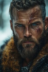 Close-up portrait of a fierce Nordic warrior with striking blue eyes, battle scars, and a braided hairstyle, set against a blurred snowy backdrop, exuding strength.