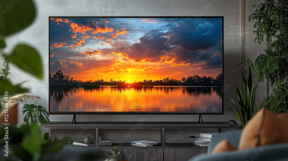 Poster a living room features an illuminated television displaying content, creating a cozy and inviting at