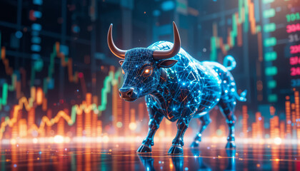 digital bull symbolizing bullish market trend, surrounded by glowing financial graphs and data. futuristic design highlights connection between technology and finance