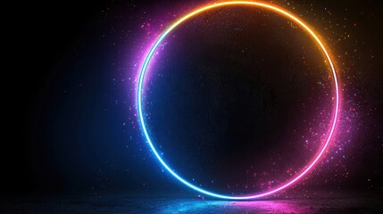 Fototapeta premium Colorful Neon Circle on Dark Background Surrounded by Glowing Particles and Dust Effects