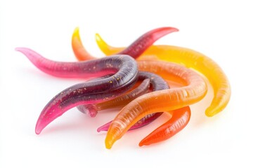 Rubber worms for fishing on a white background with studio lighting and sharp details