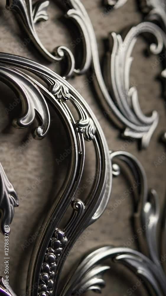 Poster elegant curved metallic scrollwork reflecting light on textured surface