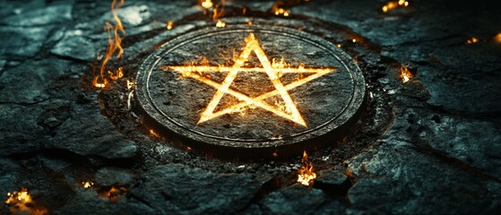 An enchanted, fiery pentagram is carved on stone, exuding mystical energy, as tiny flames flicker around it on an ancient floor.