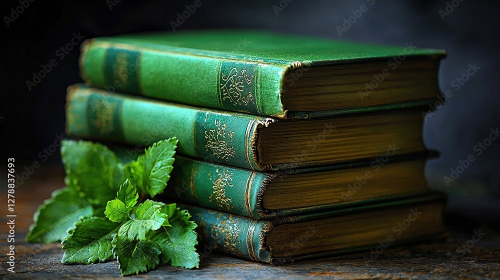 Poster a diverse stack of colorful books piled neatly on a wooden surface in a cozy reading space