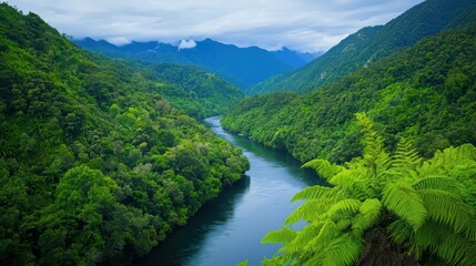 Fototapeta premium Lush Green River Valley Surrounded by Mountains and Dense Forests
