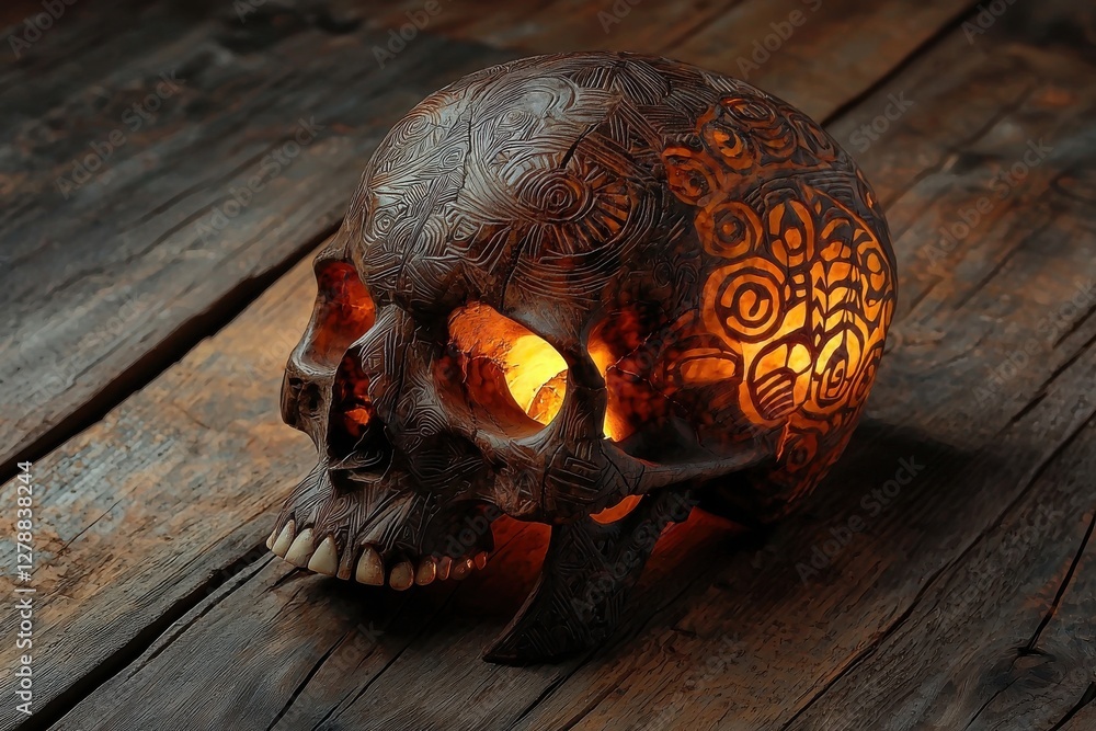 Poster an intricately carved skull illuminates a rustic wooden surface, creating a captivating and slightly